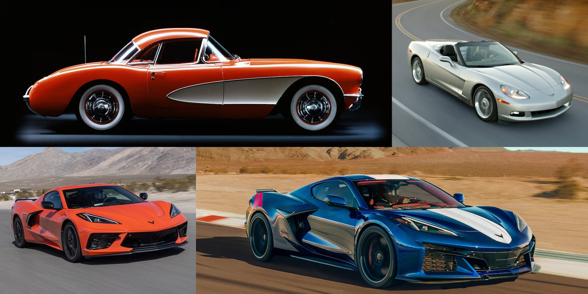 Collage aus 4 Fotos. Sie zeigen ein rotes Corvette Cabriolet von 1957, ein silbernes Corvette C6 Cabriolet, eine orangefarbene Corvette C8 Stingray und eine blaue Chevrolet Corvette Grand Sport von 2027.