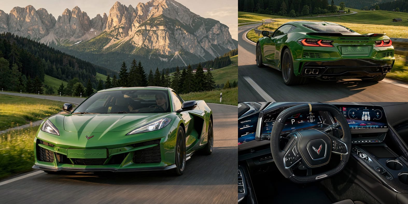 Collage aus 3 Fotos der Corvette E-Ray in Roswell Green Metallic. Sie zeigen das gesamte Fahrzeug, das Heck und das Cockpit.