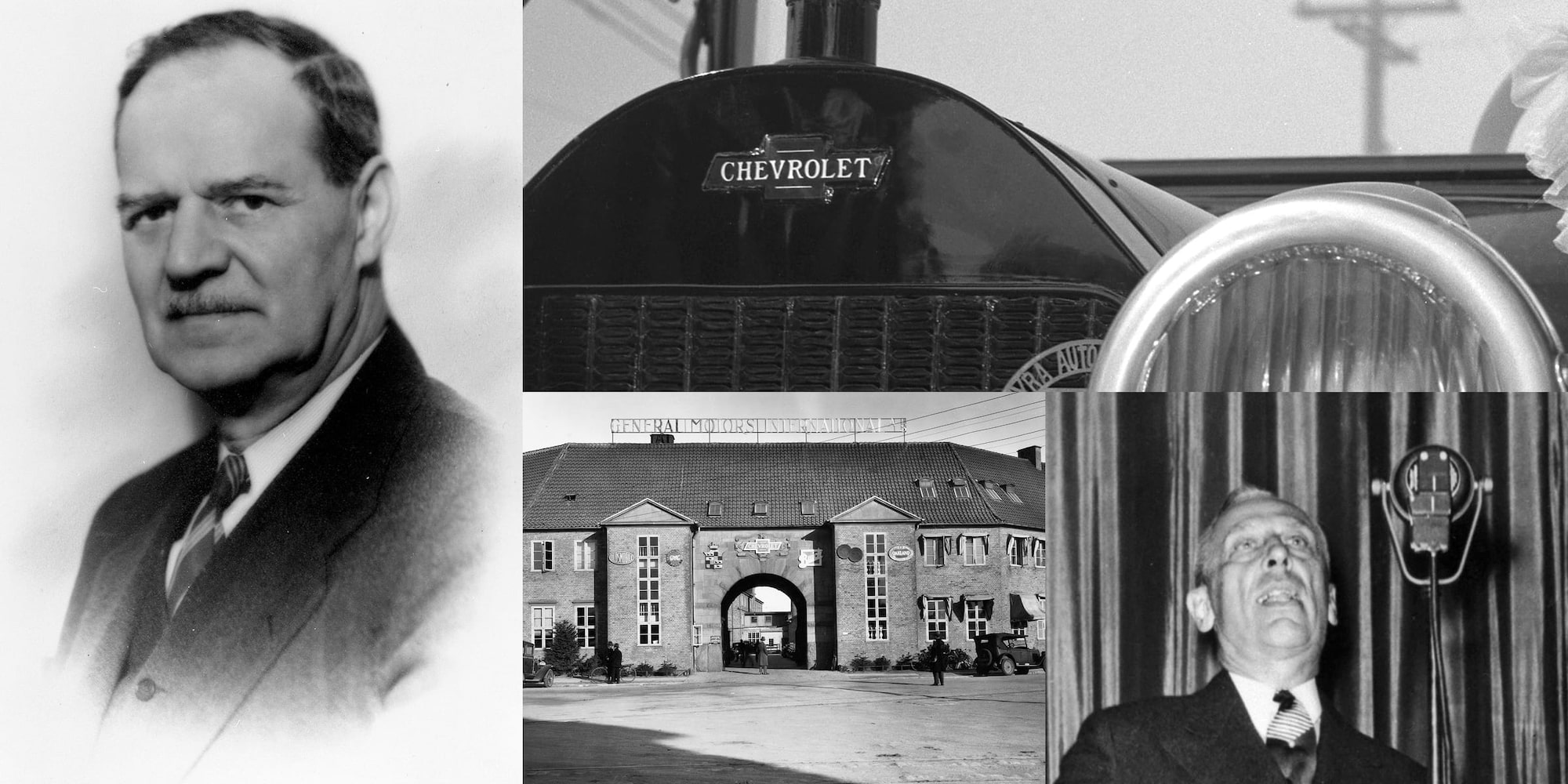 Collage aus 4 Fotos. Sie zeigen den Chevrolet Gründer Louis Chevrolet, seinen Geschäftspartner William C. Durant, das klassische frühe Chevrolet „Bowtie“-Emblem (Chevrolet Logo) an der Front eines Chevrolet Series H sowie Chevrolets Montagewerk aus dem frühen 20. Jahrhundert bei Kopenhagen.