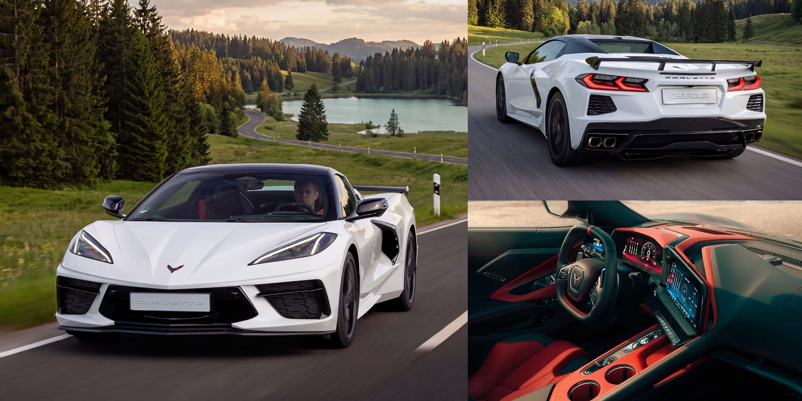 Collage aus 3 Fotos der Corvette Stingray in Arctic White. Sie zeigen das gesamte Fahrzeug, das Heck mit Spoiler sowie das Cockpit in Asymmetrical Adrenaline Red/Jet Black.