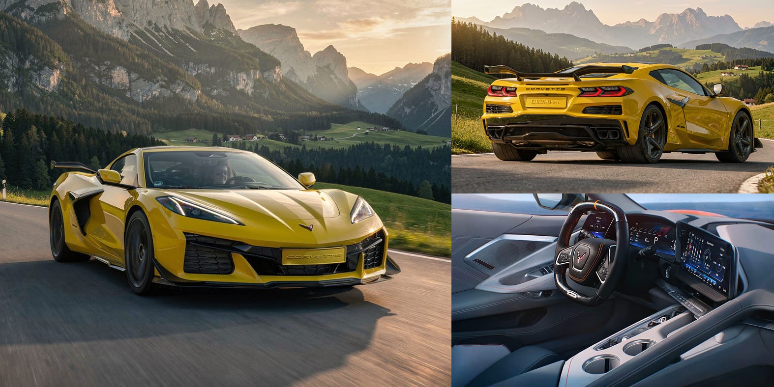 Collage aus 3 Fotos einer Corvette Z06 in Competition Yellow Metallic Tintcoat. Sie zeigen das gesamte Fahrzeug, das Heck mit Spoiler und das Cockpit.