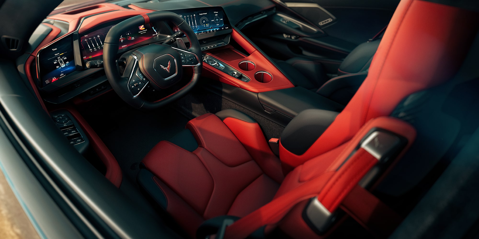 2026 Chevy Corvette Stingray Interior in Asymmetrical Adrenaline Red with Jet Black