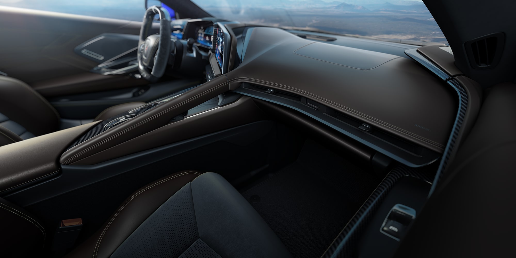2026 Chevy Corvette Stingray Interior in Very Dark Atmosphere with Natural Tan Accents