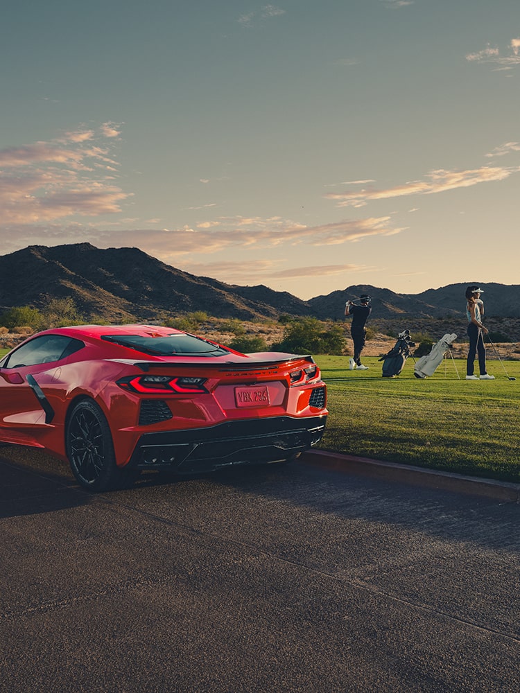 2026 Chevy Corvette Stingray Parked Next to a Driving Range