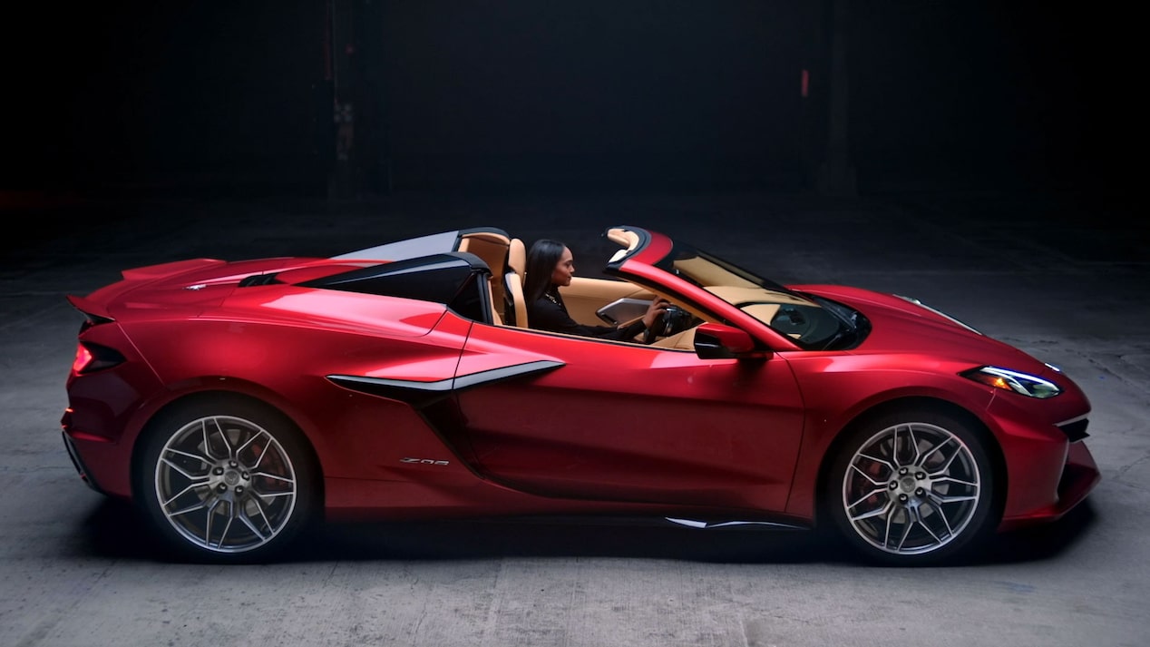 Video Thumbnail of the Profile View of a Red 2026 Chevrolet Corvette Stingray with Top Down