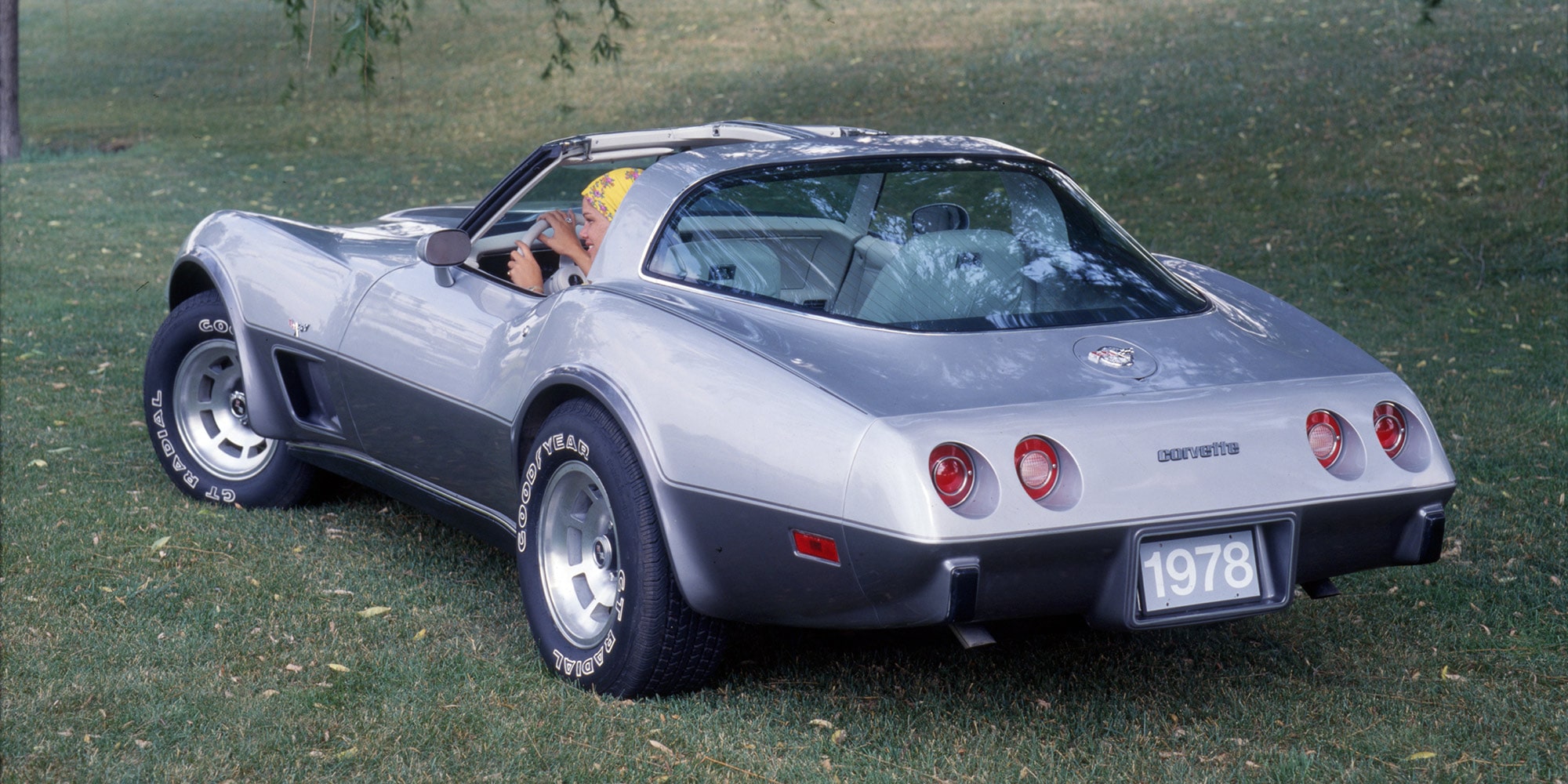 Dreiviertel-Heckansicht einer Chevrolet Corvette Silver Anniversary Edition von 1978, auf Gras geparkt.