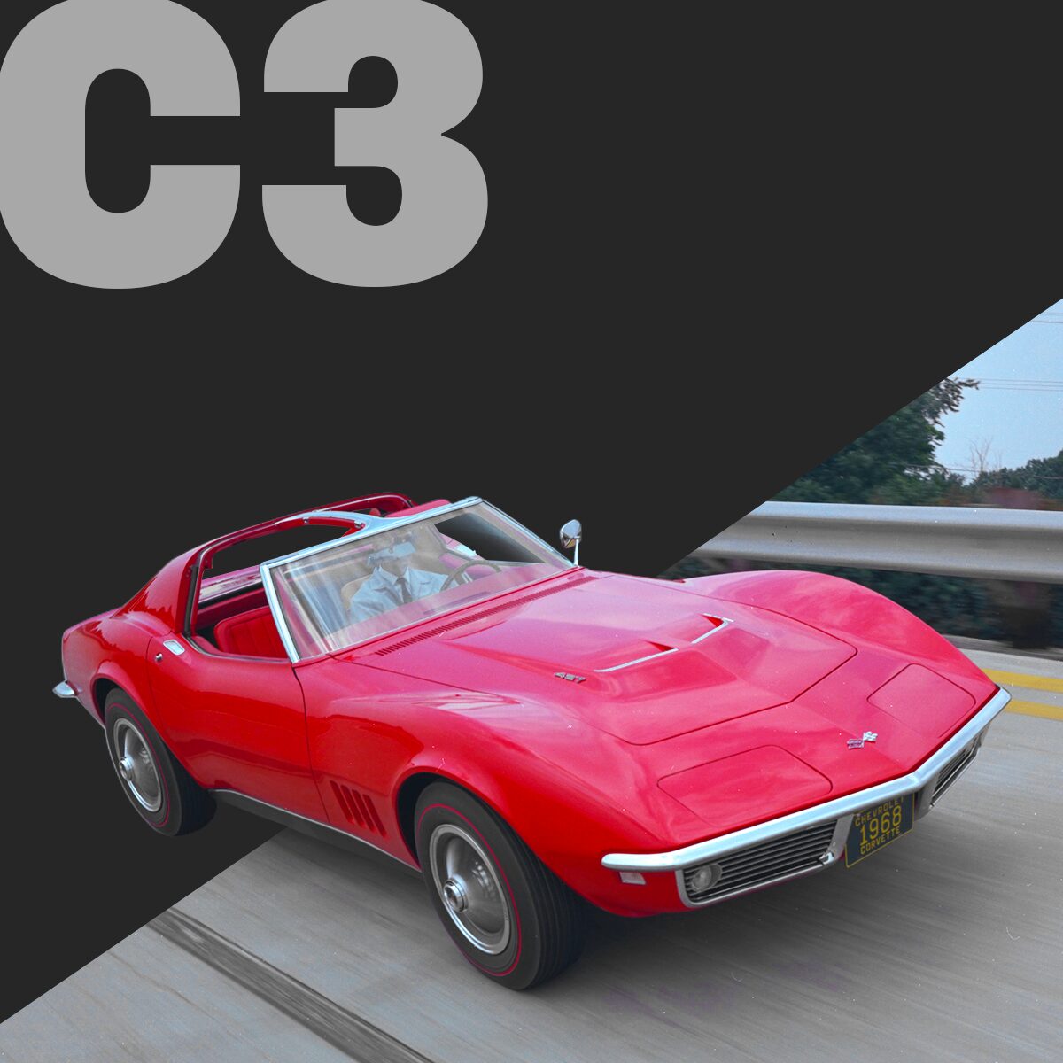 Three-quarter view of a scarlet Corvette C3 convertible, burning rubber on a highway.