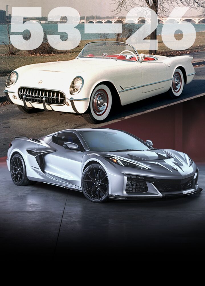 Three-quarter views of a Polo White Corvette C1, and a Corvette ZR1X C8 in Blade Silver Metallic.