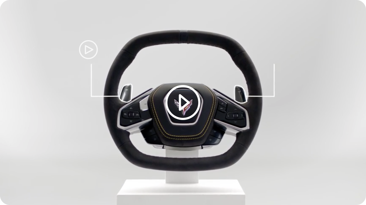 Front View of the Steering Wheel in a Showcase for 2025 Chevy Stingray