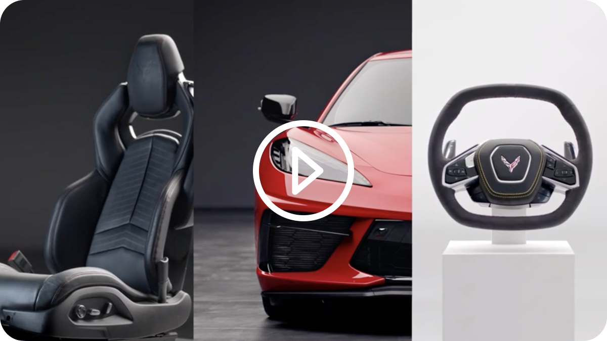 A Car Seat at the Left Side of the Frame with a 2025 Red Chevy Corvette Stingray in the Middle and a Steering Wheel to the Right of the Frame