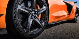 Close-up of the Tire of a 2025 Orange Chevy Corvette Z06