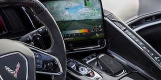 Driver’s Seat View of the Steering Wheel and Dashboard of a 2025 Chevy Corvette Z06
